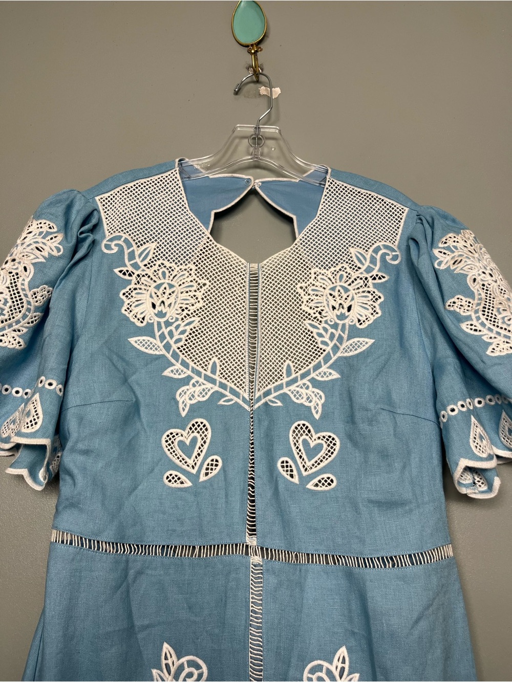 FARM Rio NWT Light Blue Linen Embroidery Short Sleeve Midi Dress Women’s Size XL - Picture 4 of 12